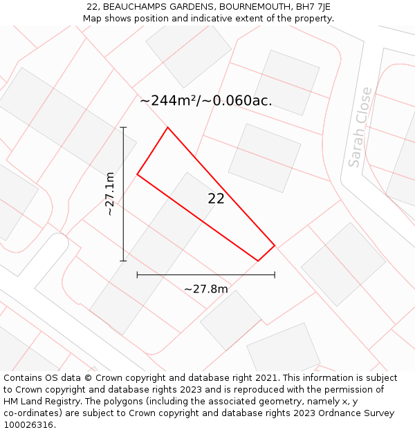 22, BEAUCHAMPS GARDENS, BOURNEMOUTH, BH7 7JE: Plot and title map