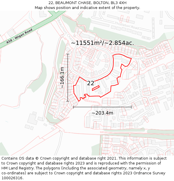 22, BEAUMONT CHASE, BOLTON, BL3 4XH: Plot and title map