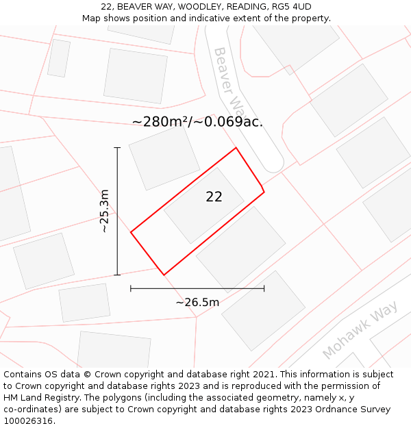 22, BEAVER WAY, WOODLEY, READING, RG5 4UD: Plot and title map