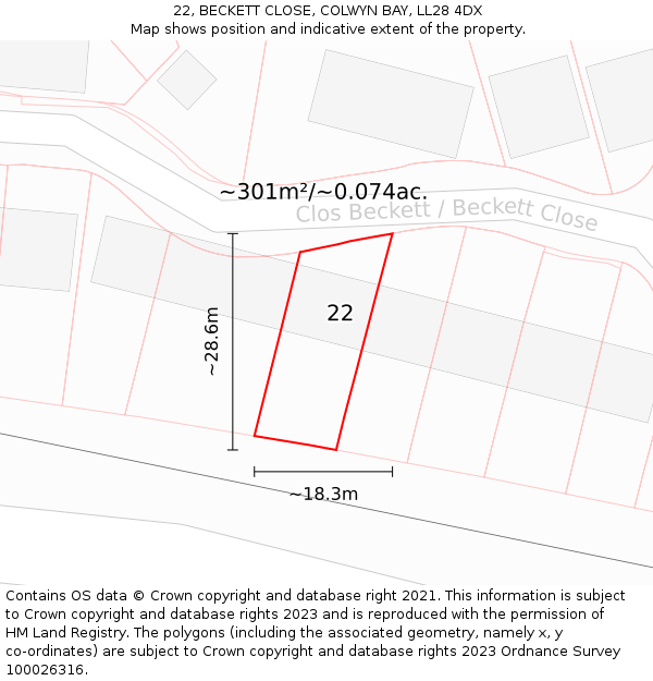 22, BECKETT CLOSE, COLWYN BAY, LL28 4DX: Plot and title map