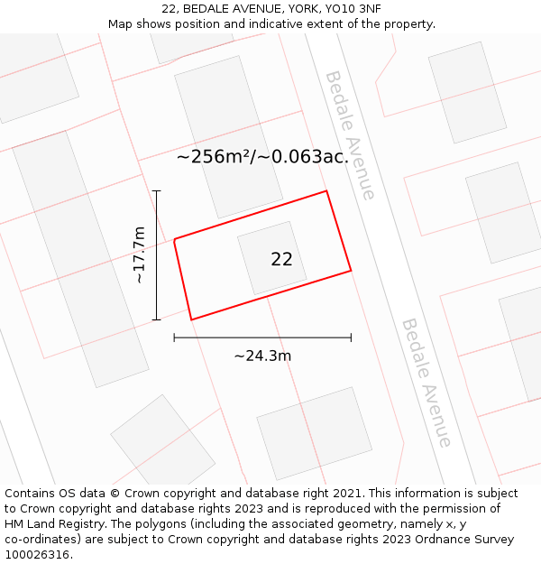 22, BEDALE AVENUE, YORK, YO10 3NF: Plot and title map