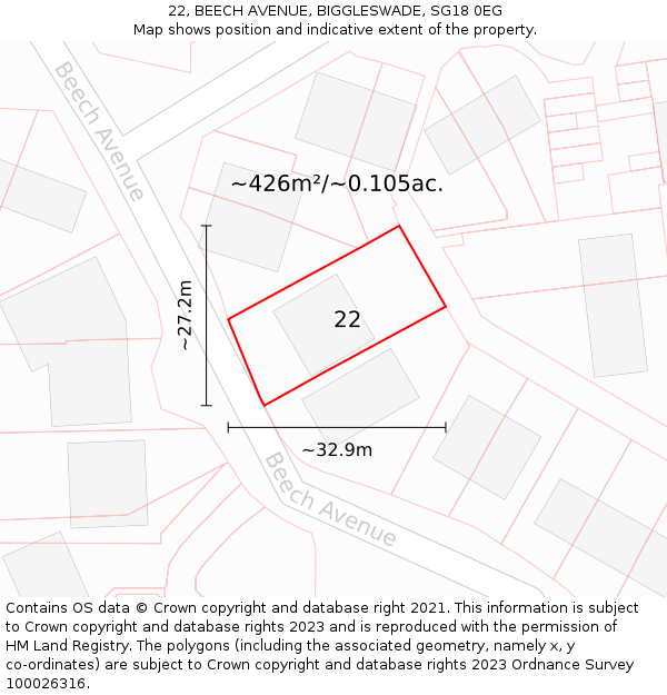 22, BEECH AVENUE, BIGGLESWADE, SG18 0EG: Plot and title map