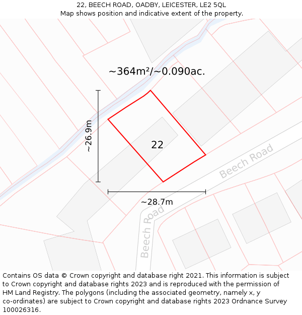 22, BEECH ROAD, OADBY, LEICESTER, LE2 5QL: Plot and title map