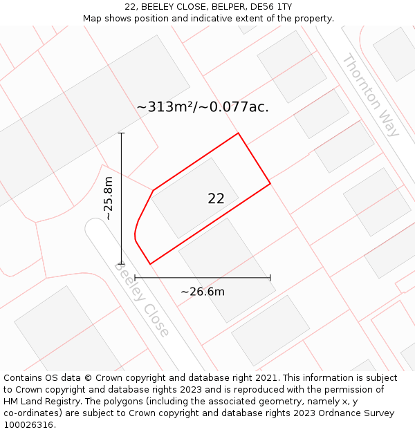 22, BEELEY CLOSE, BELPER, DE56 1TY: Plot and title map