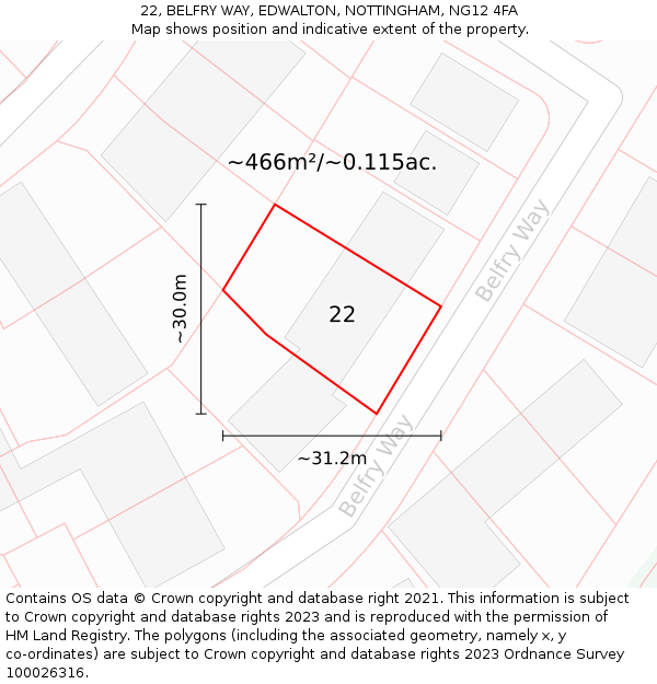 22, BELFRY WAY, EDWALTON, NOTTINGHAM, NG12 4FA: Plot and title map