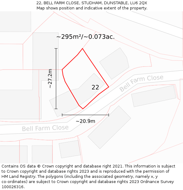 22, BELL FARM CLOSE, STUDHAM, DUNSTABLE, LU6 2QX: Plot and title map