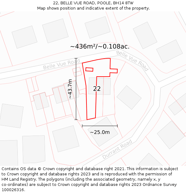 22, BELLE VUE ROAD, POOLE, BH14 8TW: Plot and title map