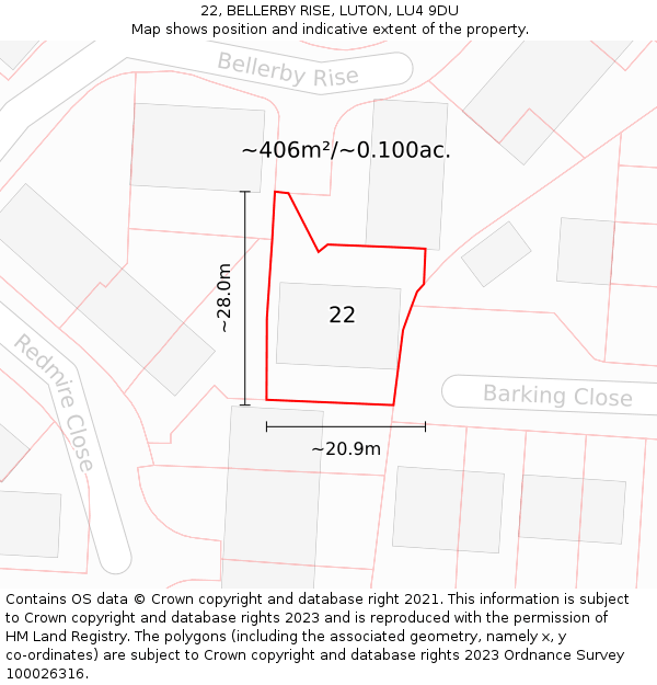 22, BELLERBY RISE, LUTON, LU4 9DU: Plot and title map