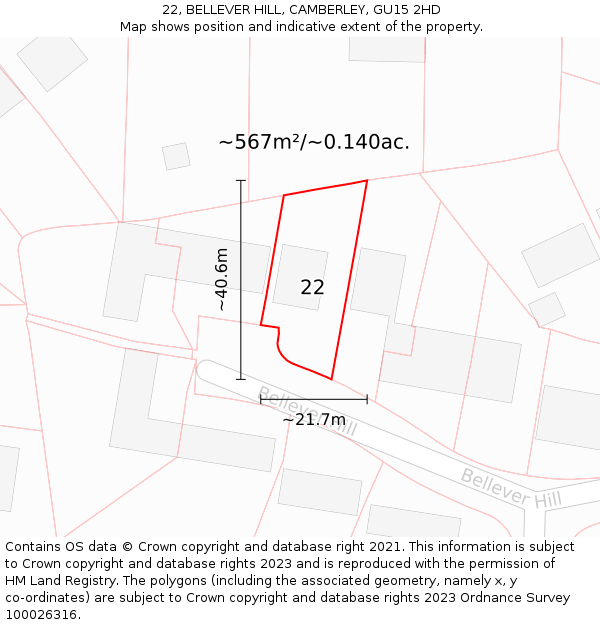 22, BELLEVER HILL, CAMBERLEY, GU15 2HD: Plot and title map