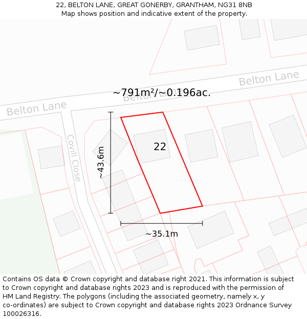 22, BELTON LANE, GREAT GONERBY, GRANTHAM, NG31 8NB: Plot and title map