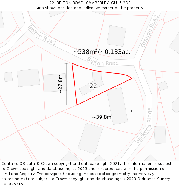 22, BELTON ROAD, CAMBERLEY, GU15 2DE: Plot and title map