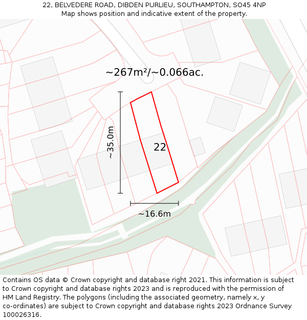 22, BELVEDERE ROAD, DIBDEN PURLIEU, SOUTHAMPTON, SO45 4NP: Plot and title map