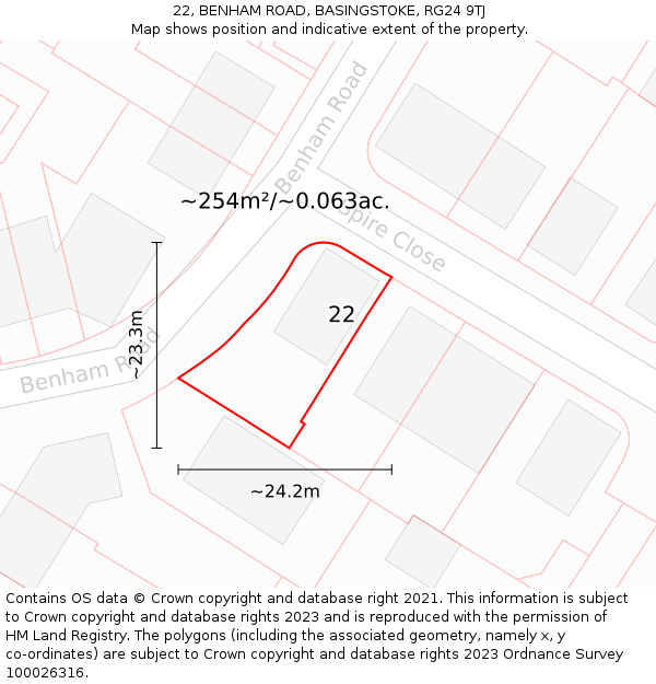 22, BENHAM ROAD, BASINGSTOKE, RG24 9TJ: Plot and title map