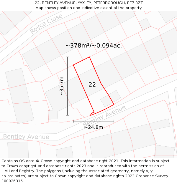 22, BENTLEY AVENUE, YAXLEY, PETERBOROUGH, PE7 3ZT: Plot and title map