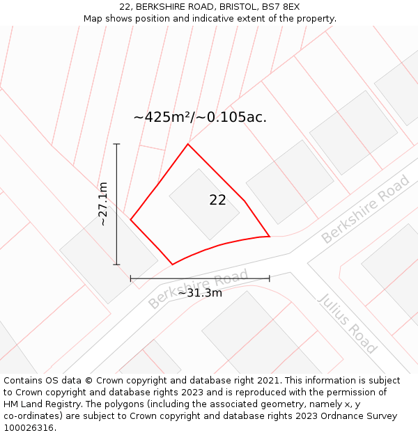 22, BERKSHIRE ROAD, BRISTOL, BS7 8EX: Plot and title map