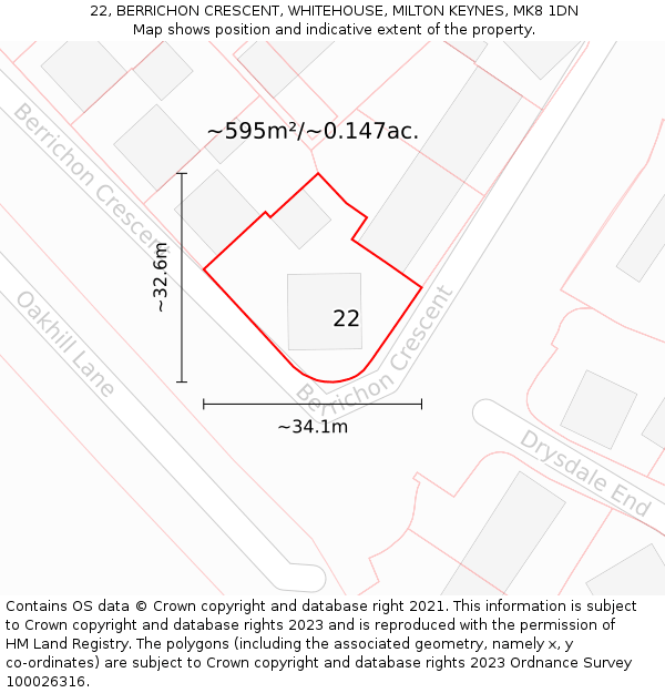 22, BERRICHON CRESCENT, WHITEHOUSE, MILTON KEYNES, MK8 1DN: Plot and title map