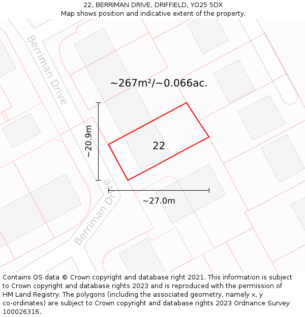 22, BERRIMAN DRIVE, DRIFFIELD, YO25 5DX: Plot and title map