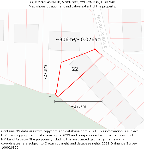 22, BEVAN AVENUE, MOCHDRE, COLWYN BAY, LL28 5AF: Plot and title map