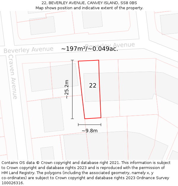 22, BEVERLEY AVENUE, CANVEY ISLAND, SS8 0BS: Plot and title map