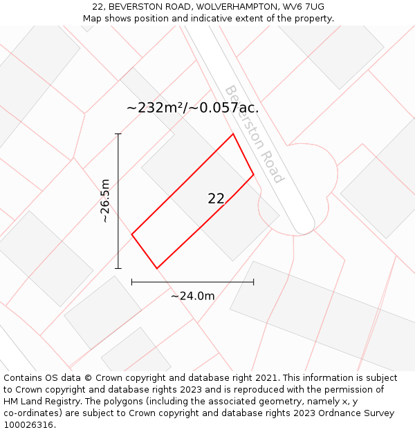 22, BEVERSTON ROAD, WOLVERHAMPTON, WV6 7UG: Plot and title map