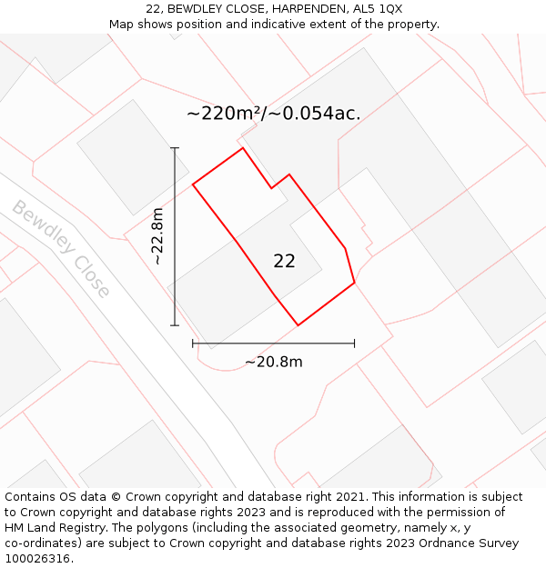 22, BEWDLEY CLOSE, HARPENDEN, AL5 1QX: Plot and title map