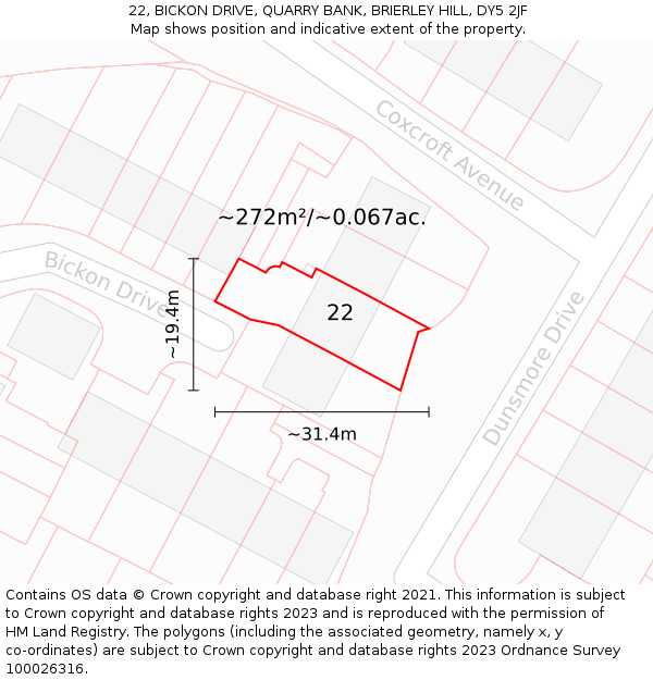 22, BICKON DRIVE, QUARRY BANK, BRIERLEY HILL, DY5 2JF: Plot and title map