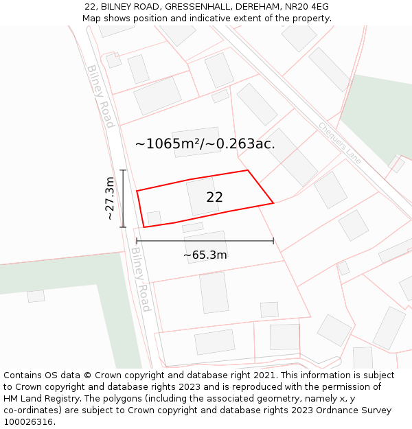 22, BILNEY ROAD, GRESSENHALL, DEREHAM, NR20 4EG: Plot and title map