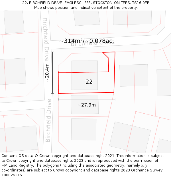 22, BIRCHFIELD DRIVE, EAGLESCLIFFE, STOCKTON-ON-TEES, TS16 0ER: Plot and title map