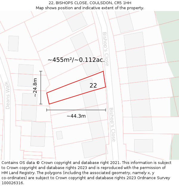 22, BISHOPS CLOSE, COULSDON, CR5 1HH: Plot and title map