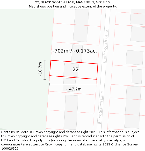 22, BLACK SCOTCH LANE, MANSFIELD, NG18 4JX: Plot and title map