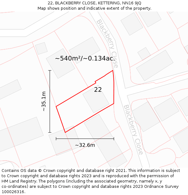 22, BLACKBERRY CLOSE, KETTERING, NN16 9JQ: Plot and title map