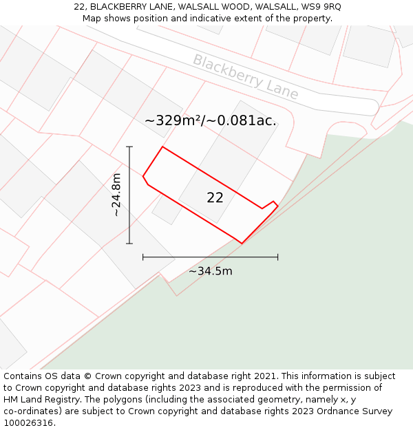 22, BLACKBERRY LANE, WALSALL WOOD, WALSALL, WS9 9RQ: Plot and title map