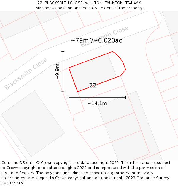 22, BLACKSMITH CLOSE, WILLITON, TAUNTON, TA4 4AX: Plot and title map