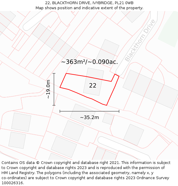 22, BLACKTHORN DRIVE, IVYBRIDGE, PL21 0WB: Plot and title map