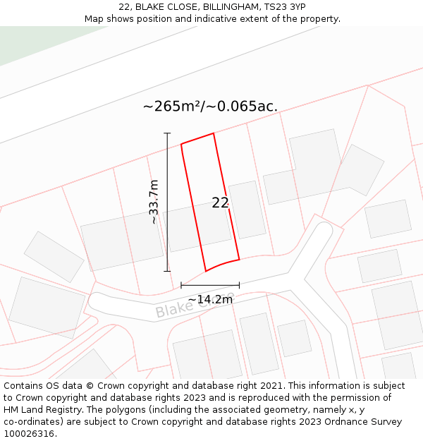 22, BLAKE CLOSE, BILLINGHAM, TS23 3YP: Plot and title map