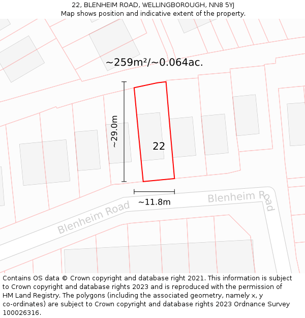 22, BLENHEIM ROAD, WELLINGBOROUGH, NN8 5YJ: Plot and title map