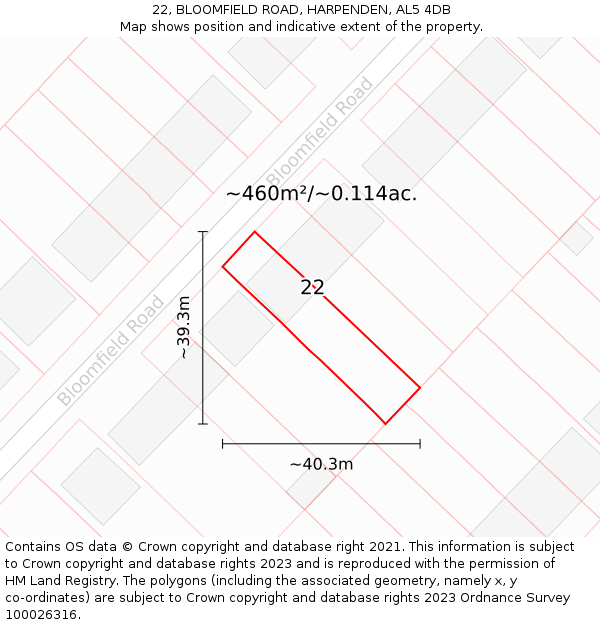 22, BLOOMFIELD ROAD, HARPENDEN, AL5 4DB: Plot and title map