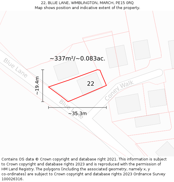 22, BLUE LANE, WIMBLINGTON, MARCH, PE15 0RQ: Plot and title map