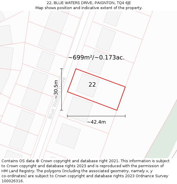 22, BLUE WATERS DRIVE, PAIGNTON, TQ4 6JE: Plot and title map