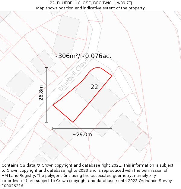 22, BLUEBELL CLOSE, DROITWICH, WR9 7TJ: Plot and title map
