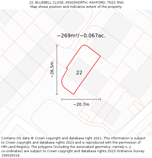 22, BLUEBELL CLOSE, KINGSNORTH, ASHFORD, TN23 3NG: Plot and title map