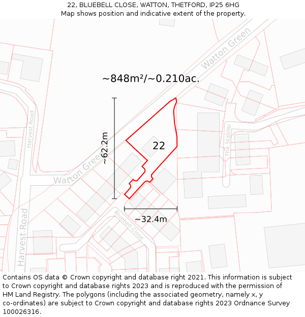 22, BLUEBELL CLOSE, WATTON, THETFORD, IP25 6HG: Plot and title map