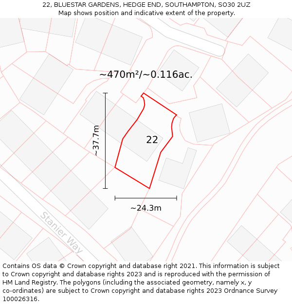 22, BLUESTAR GARDENS, HEDGE END, SOUTHAMPTON, SO30 2UZ: Plot and title map