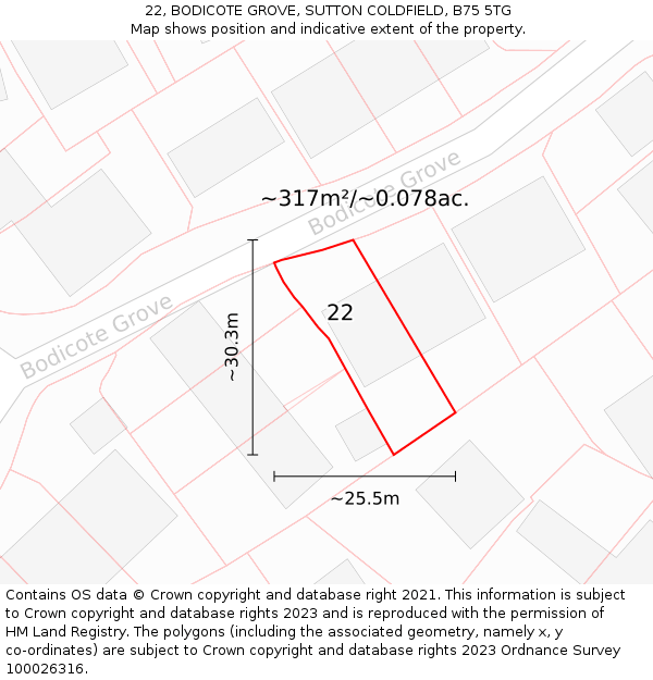 22, BODICOTE GROVE, SUTTON COLDFIELD, B75 5TG: Plot and title map