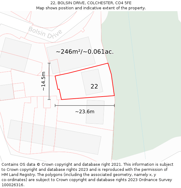 22, BOLSIN DRIVE, COLCHESTER, CO4 5FE: Plot and title map