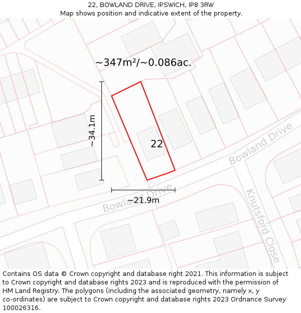 22, BOWLAND DRIVE, IPSWICH, IP8 3RW: Plot and title map