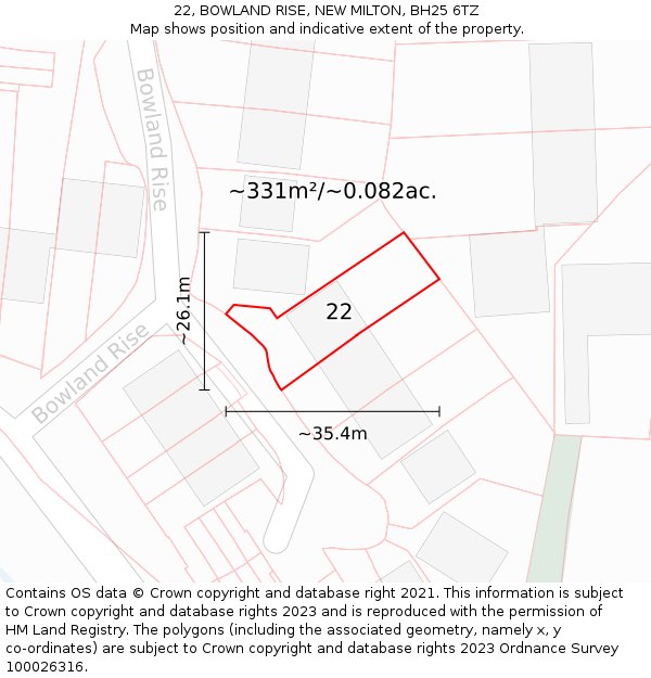 22, BOWLAND RISE, NEW MILTON, BH25 6TZ: Plot and title map