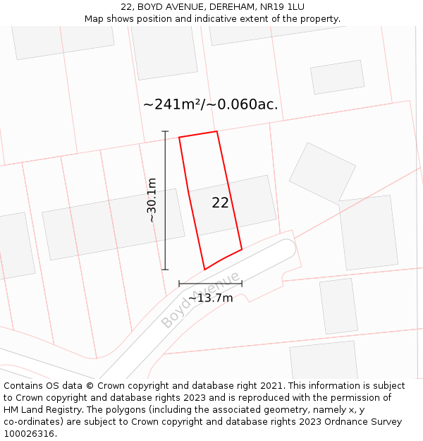 22, BOYD AVENUE, DEREHAM, NR19 1LU: Plot and title map