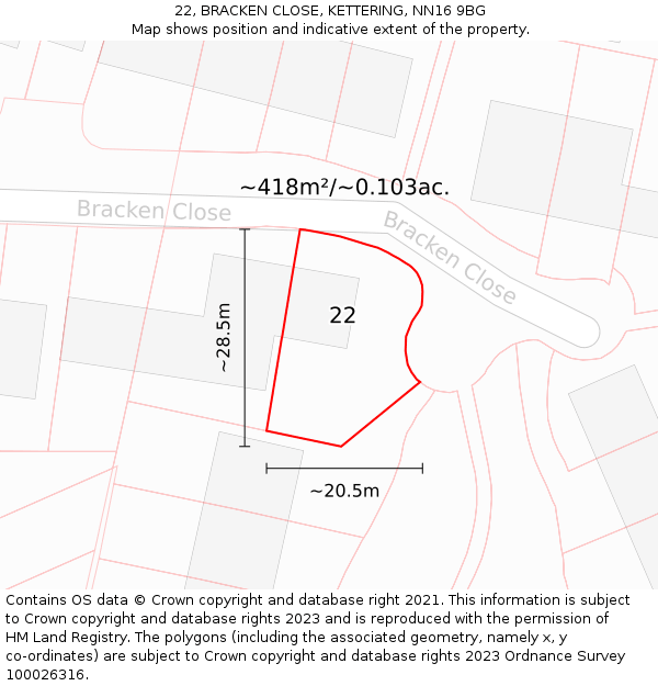 22, BRACKEN CLOSE, KETTERING, NN16 9BG: Plot and title map