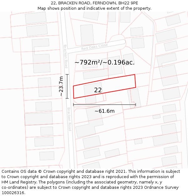 22, BRACKEN ROAD, FERNDOWN, BH22 9PE: Plot and title map